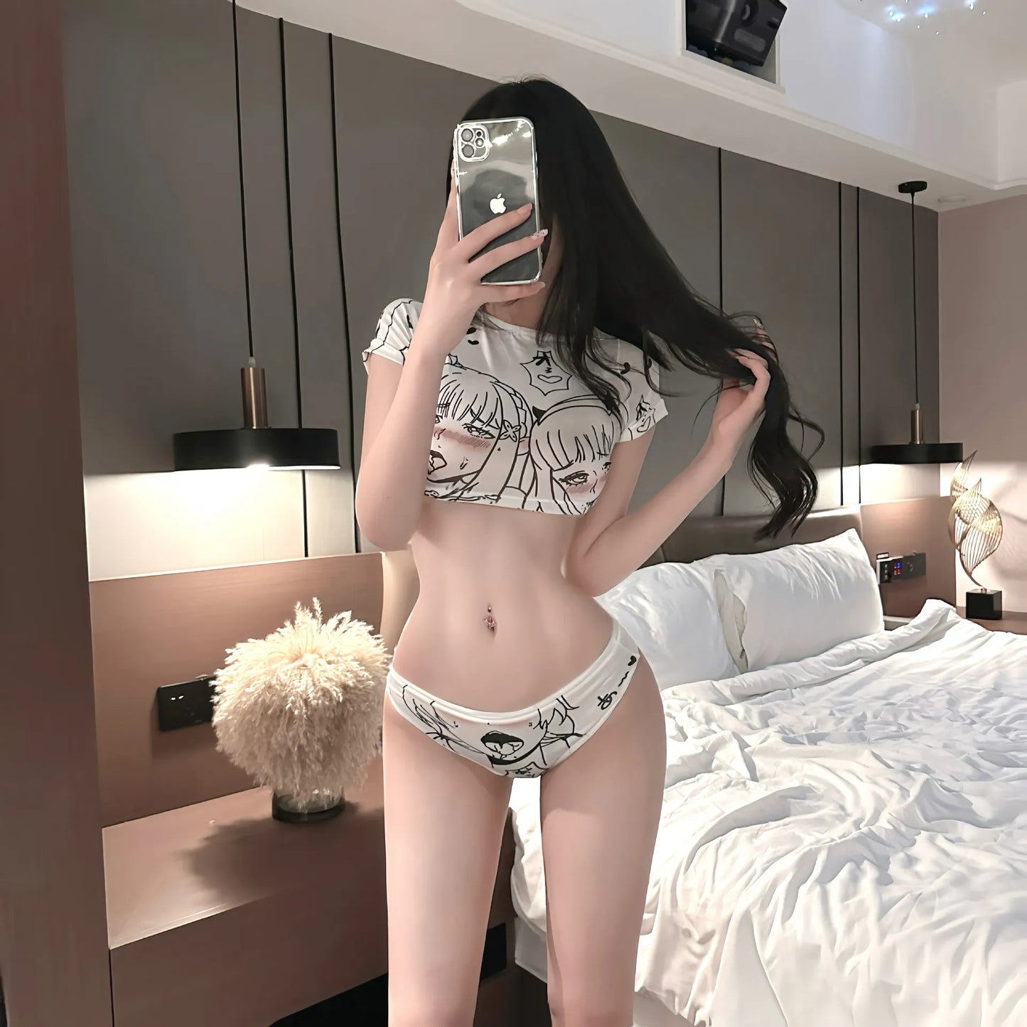 Anime Graphic Lounge Set - High-Waist Shorts & Cropped Tee in Collector's White PPF0368