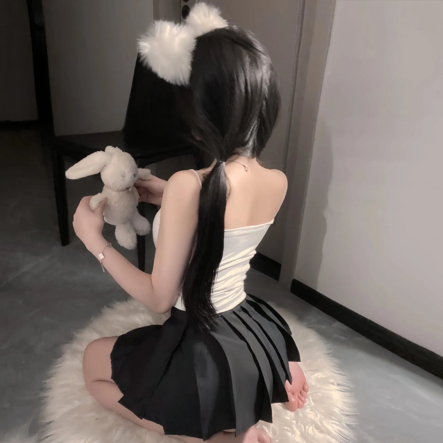 Cute Cat Ear Crop Top & Pleated Skirt Set - Playful Cartoon Print Outfit PPF0335