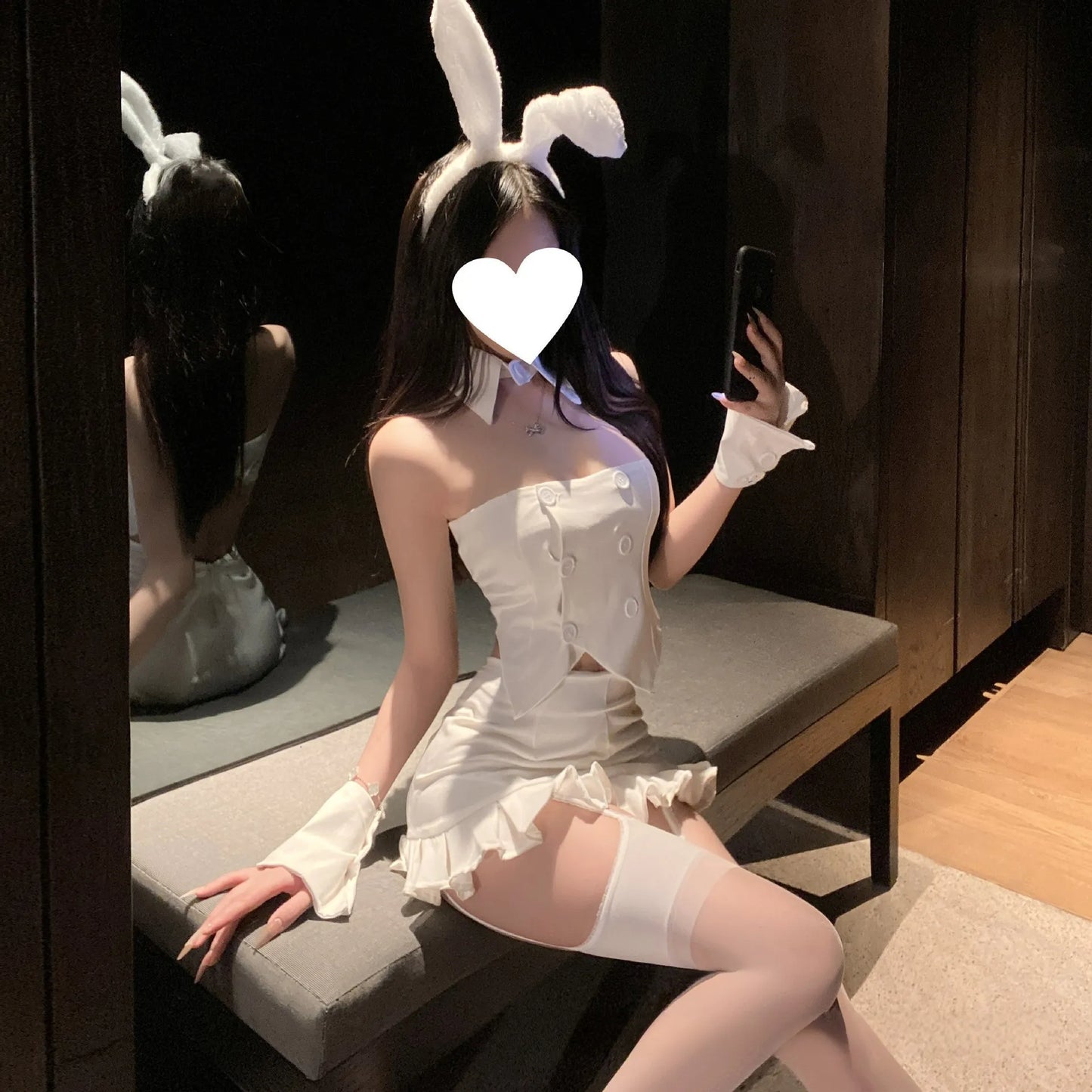 Glam Showgirl Bunny Set - Sparkle Fitted Top + Ruffle Skirt Coord (Pure White) PPF0383