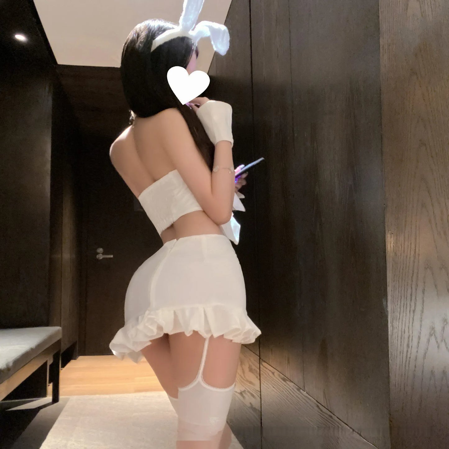 Glam Showgirl Bunny Set - Sparkle Fitted Top + Ruffle Skirt Coord (Pure White) PPF0383