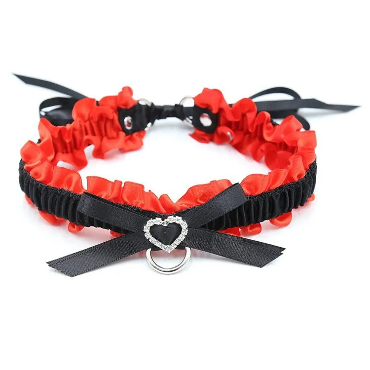 Heart Diamond Choker Set - Adjustable Bow Collar with Matching Bracelets | Sexy Bondage Jewelry for Lingerie, Cosplay (Red/Black) PPF0324