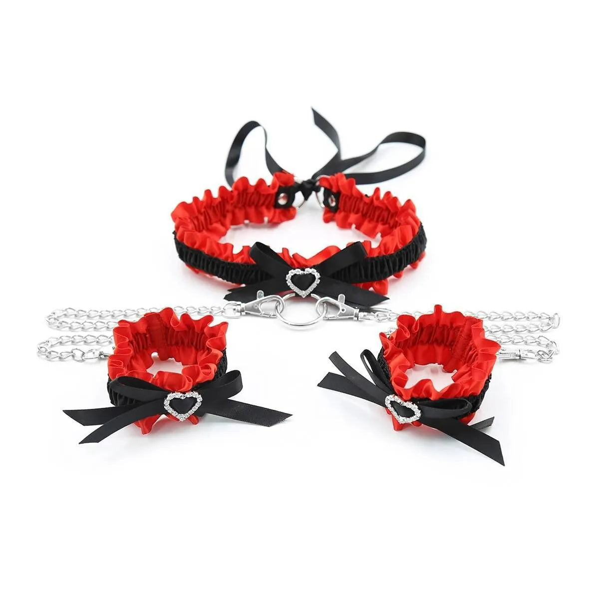 Heart Diamond Choker Set - Adjustable Bow Collar with Matching Bracelets | Sexy Bondage Jewelry for Lingerie, Cosplay (Red/Black) PPF0324