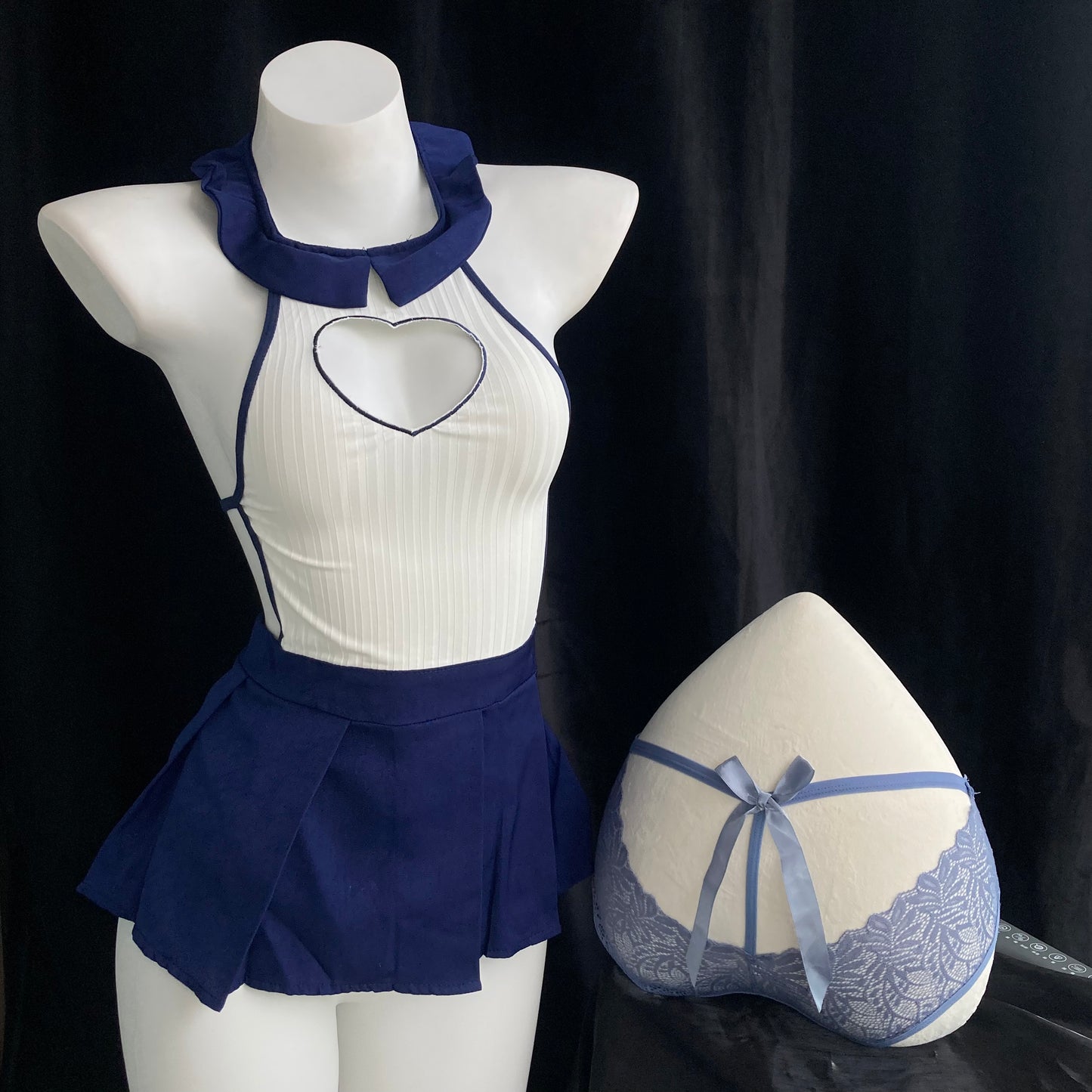 Retro Pinafore Dress Set - Cobalt Blue with Heart Back Cutout & Detachable Apron PPF0367