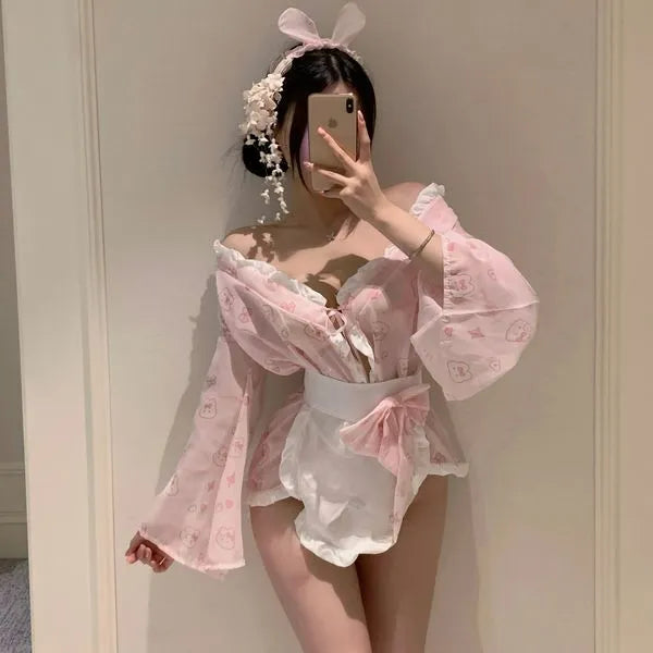 Kawaii Pink Bunny Kimono Cosplay Costume â Cute Japanese Anime Lolita Dress with Bunny Ears Headband & Apron | Sexy Babydoll Roleplay Outfit for Women PPF0341