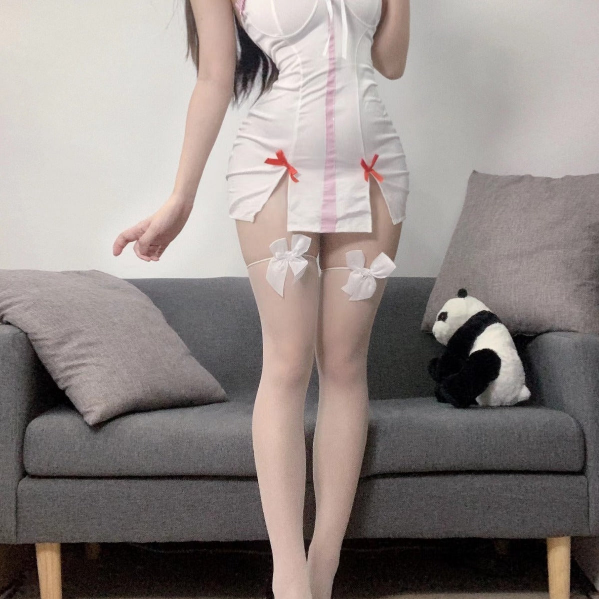 Pink nurse cosplay lingerie set with stockings & headband ppf0021