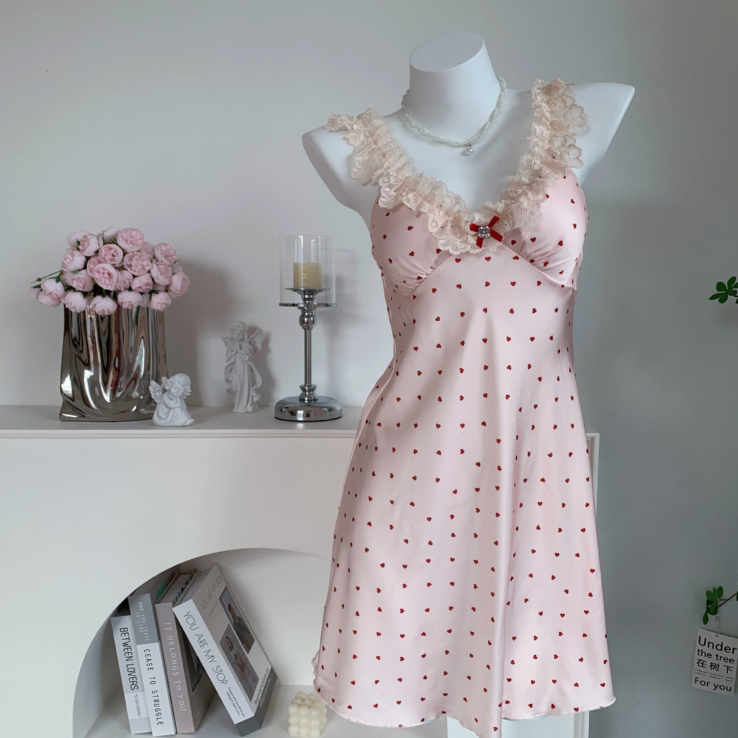 Pink lace silk nightdress ppf0179