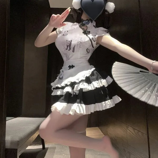 Panda Maid Cosplay Dress - Chinese Qipao Style with Apron & Mini Skirt | Cute Animal Roleplay Costume for Halloween, Anime Conventions PPF0328