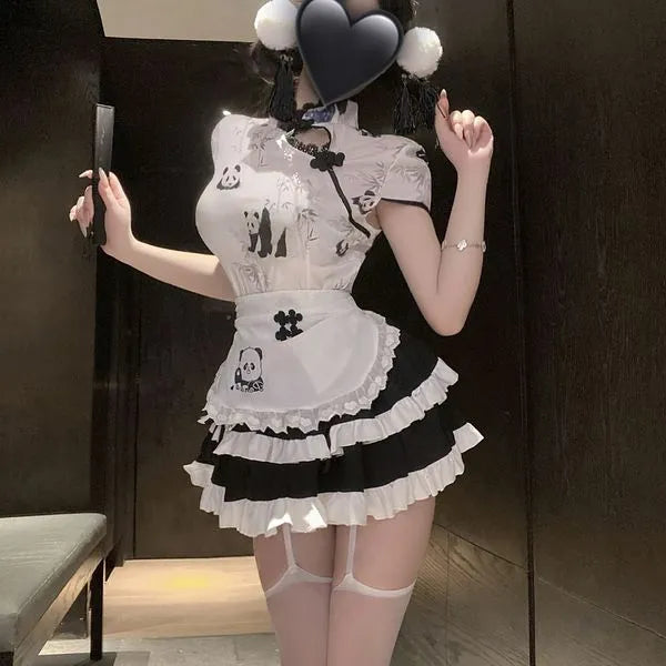 Panda Maid Cosplay Dress - Chinese Qipao Style with Apron & Mini Skirt | Cute Animal Roleplay Costume for Halloween, Anime Conventions PPF0328