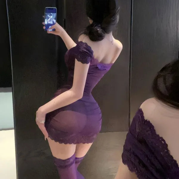 Provocative Lace Bodycon Dress - Sheer Purple Mesh with Collarbone Bows (Nightwear to Streetwear) PPF0318