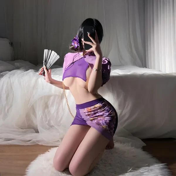 Purple Retro Cheongsam Lingerie Set | Sexy Qipao Corset Top & Sheer Mesh Skirt | Open Cup Bust Chain Detail | Floral Lace Teddy & G-String | Exotic Boudoir Outfit for Women PPF0343