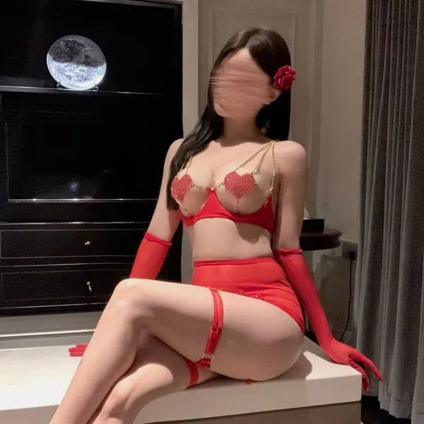 Scarlet Crystal-Heart Lingerie Set - Sheer Mesh Bodysuit with Garter Skirt PPF0348