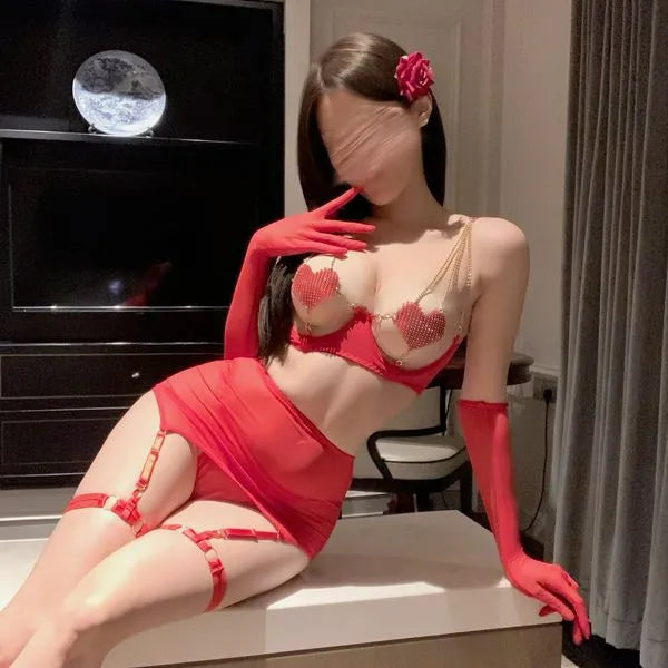 Scarlet Crystal-Heart Lingerie Set - Sheer Mesh Bodysuit with Garter Skirt PPF0348
