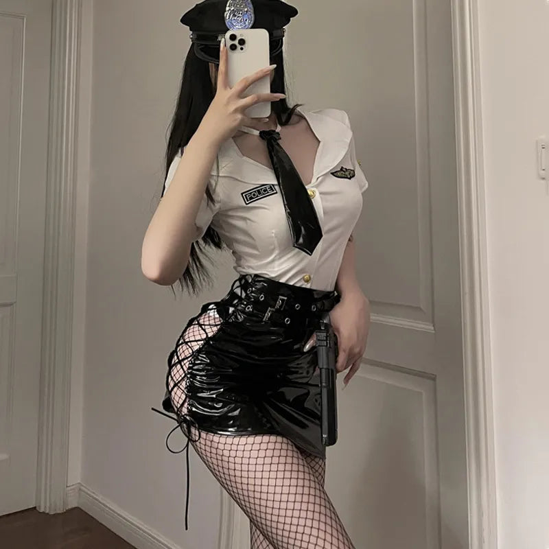 ๐ฎโ๏ธ Sexy Cop PVC Leather Set - White Shirt + Bondage Skirt & Tie | Fetish Roleplay Costume PPF0120