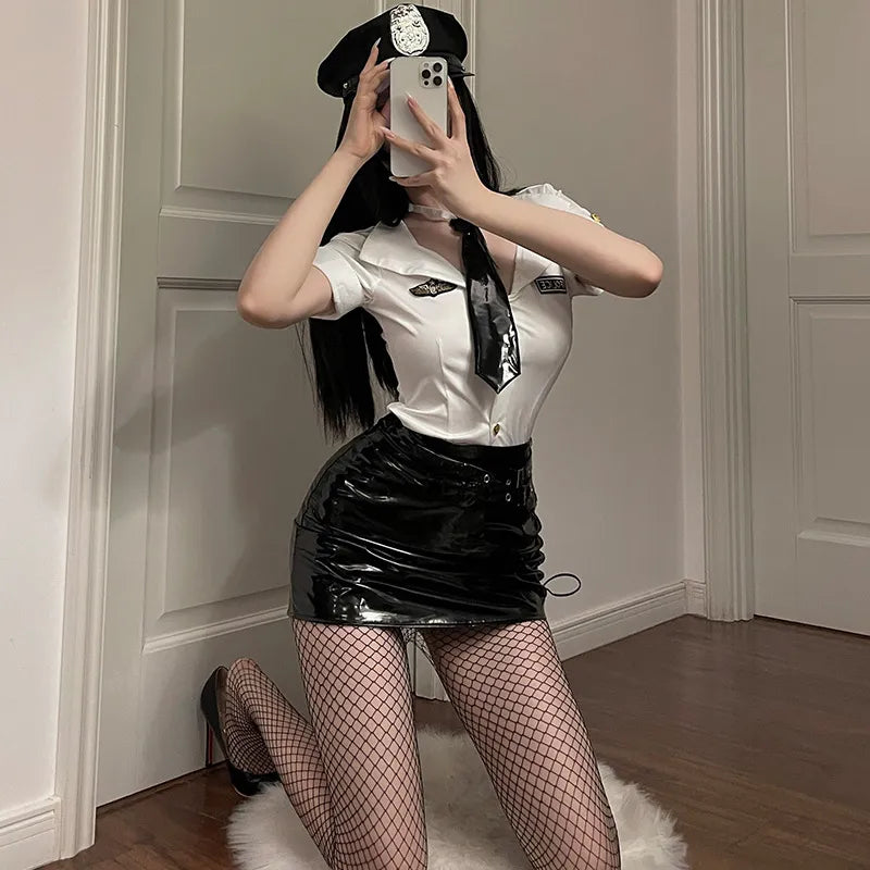 ๐ฎโ๏ธ Sexy Cop PVC Leather Set - White Shirt + Bondage Skirt & Tie | Fetish Roleplay Costume PPF0120