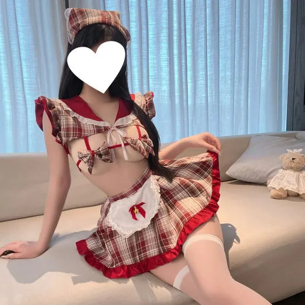 SexySchoolgirlMaidCostume-RedPlaidDresswithApron_BowAccessories_3-PieceSet_PPF0320_3