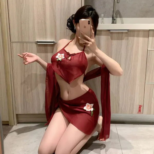 Silk Cheongsam Lounge Set - Floral Embroidered Halter Coord + Sheer Cape (Dusty Pink/Imperial Red) PPF0380