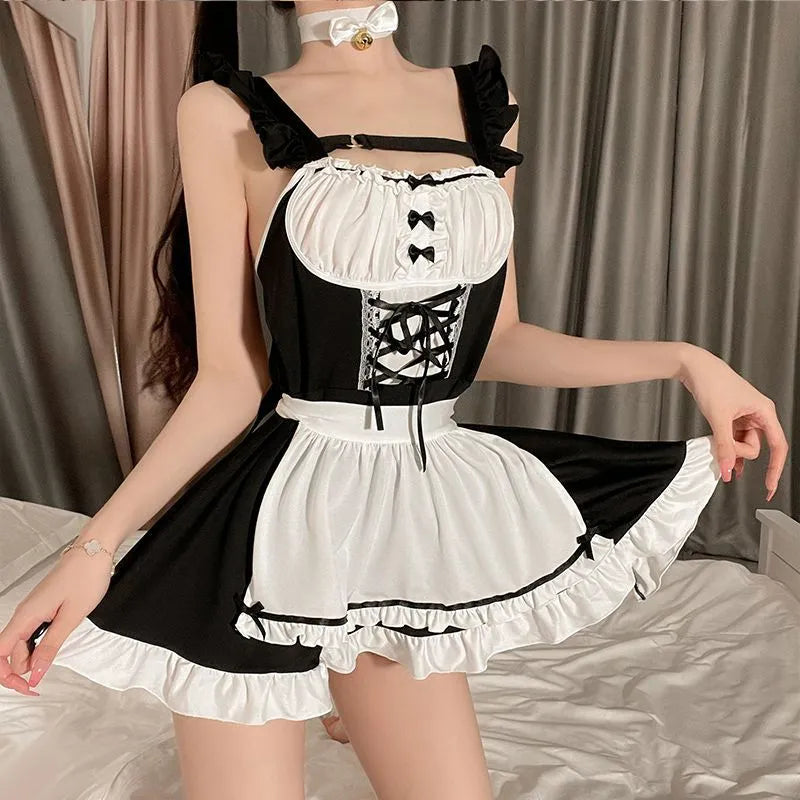 Vintage Parlor Maid Uniform - Lace Trim Apron & Bell Choker Set in Classic Black PPF0360