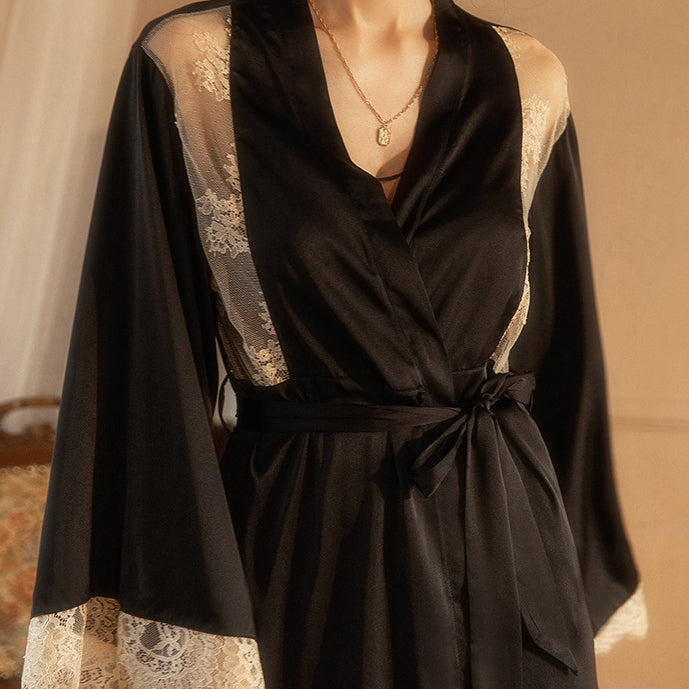 Black Slip Satin Robe Nightgown