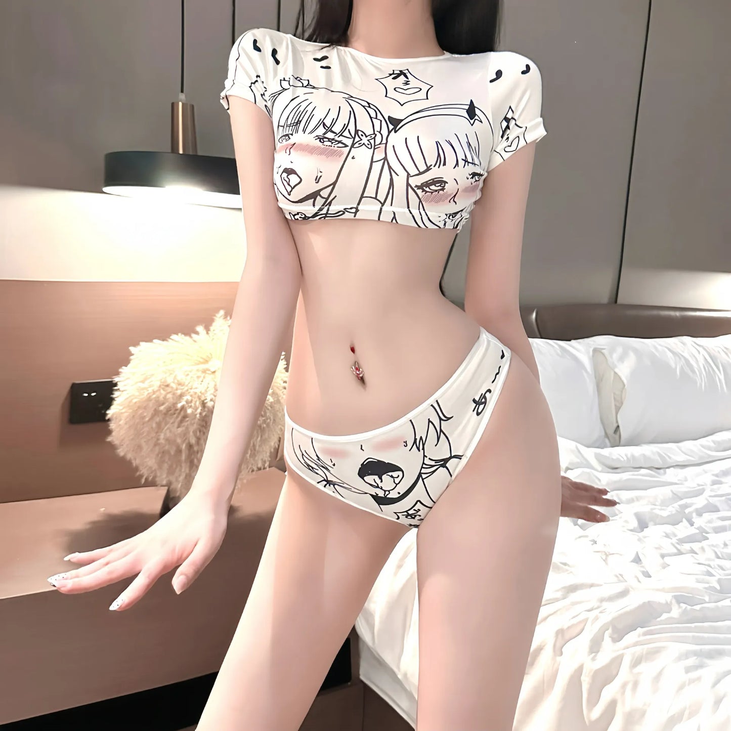 Anime Graphic Lounge Set - High-Waist Shorts & Cropped Tee in Collector's White PPF0368