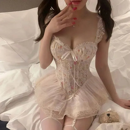 Floral Lace Teddy Dress - Adjustable Garter Slip with Padded Bust in Blush/Champagne PPF0354