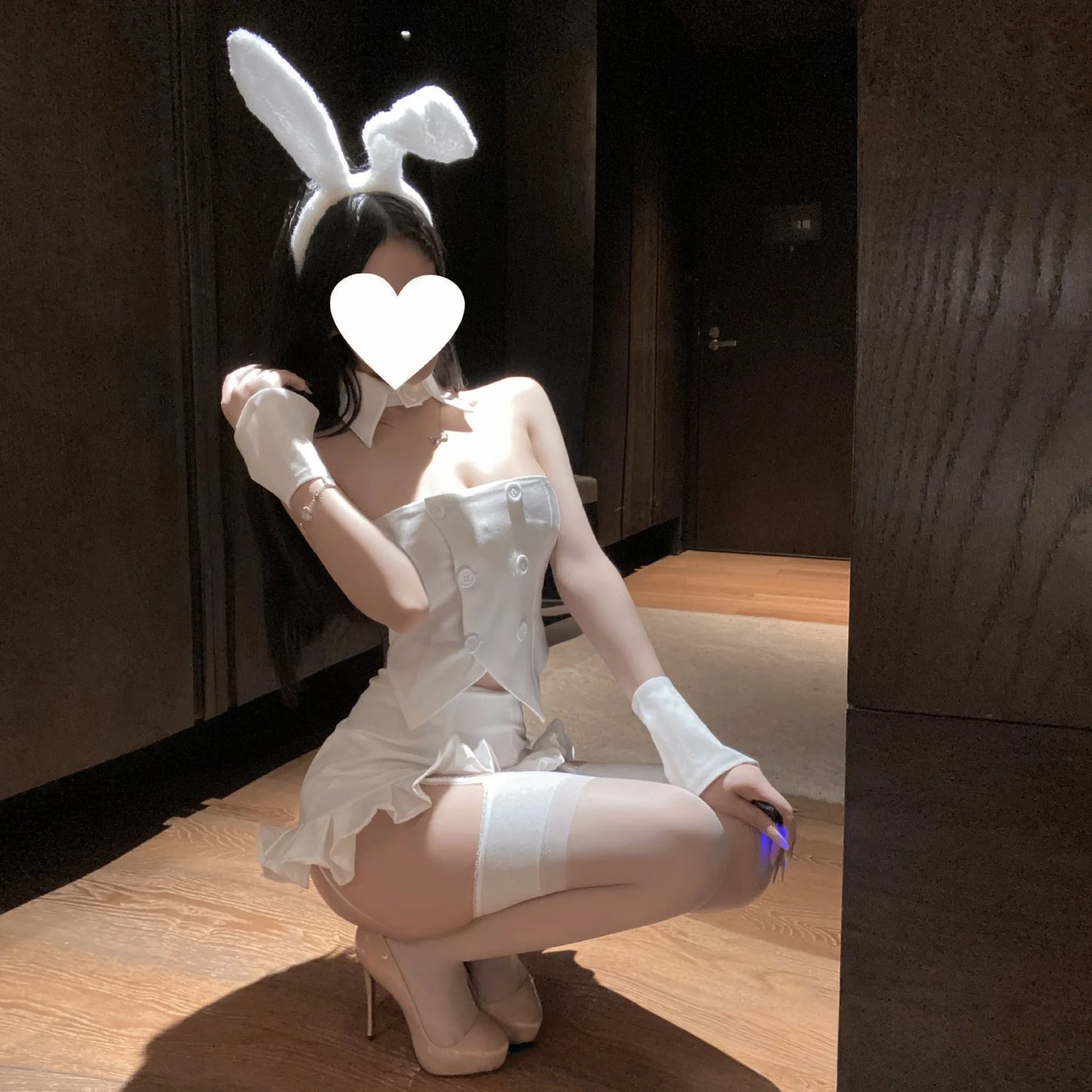 Glam Showgirl Bunny Set - Sparkle Fitted Top + Ruffle Skirt Coord (Pure White) PPF0383