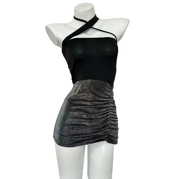 Gothic Chic Asymmetric Dress Set - Convertible Sleeves + Mesh Panel Skirt PPF0382