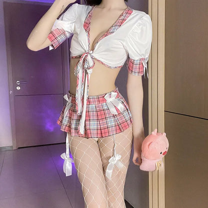 Japanese Anime School Girl Uniform Set - Pink Tartan Blouse + Pleated Skirt with Built-in Garters (Cosplay Lingerie) PPF0322