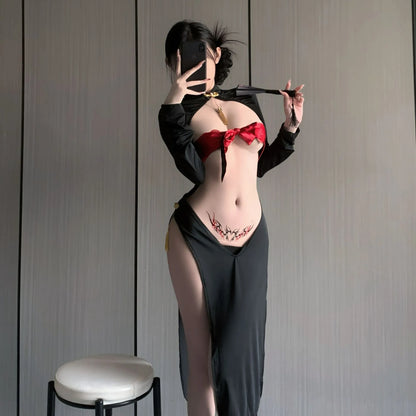 Modern Cheongsam Lounge Set - Adjustable Black Qipao Dress with Red Accents PPF0385