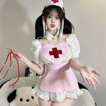 Naughty Nurse Outfit - Pink Sheer Dress with Cross Apron & Headband PPF0308