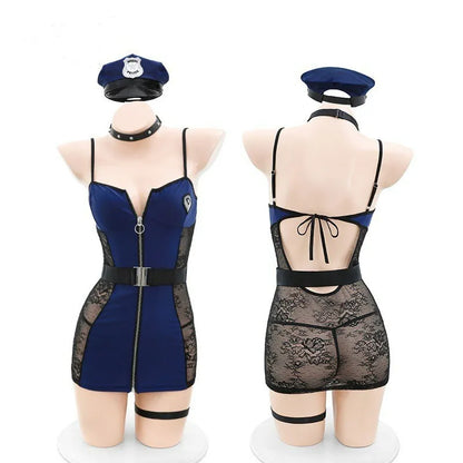 Navy Blue Sexy Cop Costume with Bondage Accessories – Corset Back & Thigh Garter | Adult Police Cosplay Uniform PPF0140