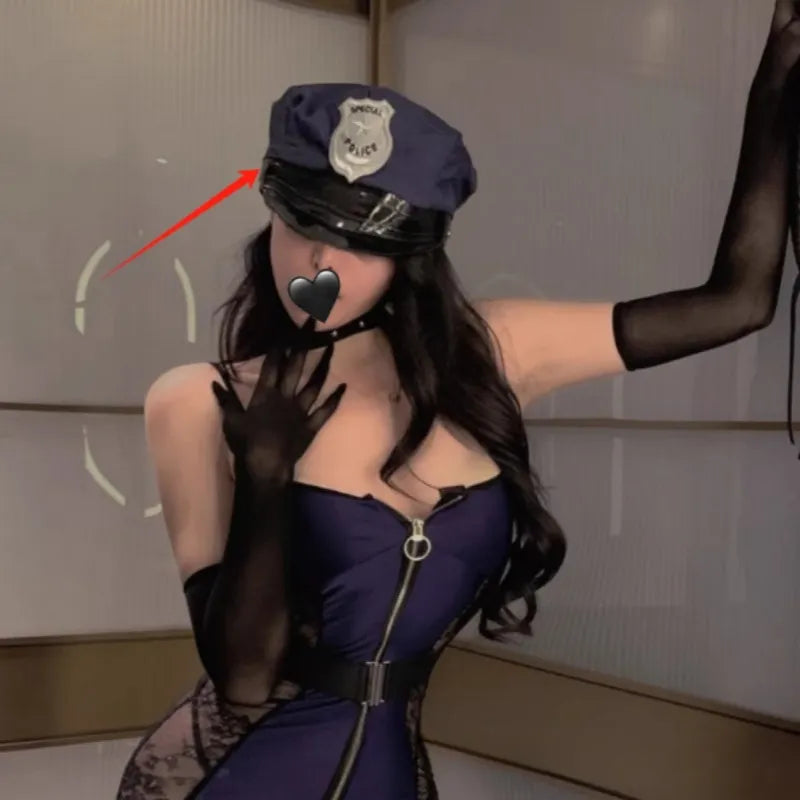 Navy Blue Sexy Cop Costume with Bondage Accessories – Corset Back & Thigh Garter | Adult Police Cosplay Uniform PPF0140