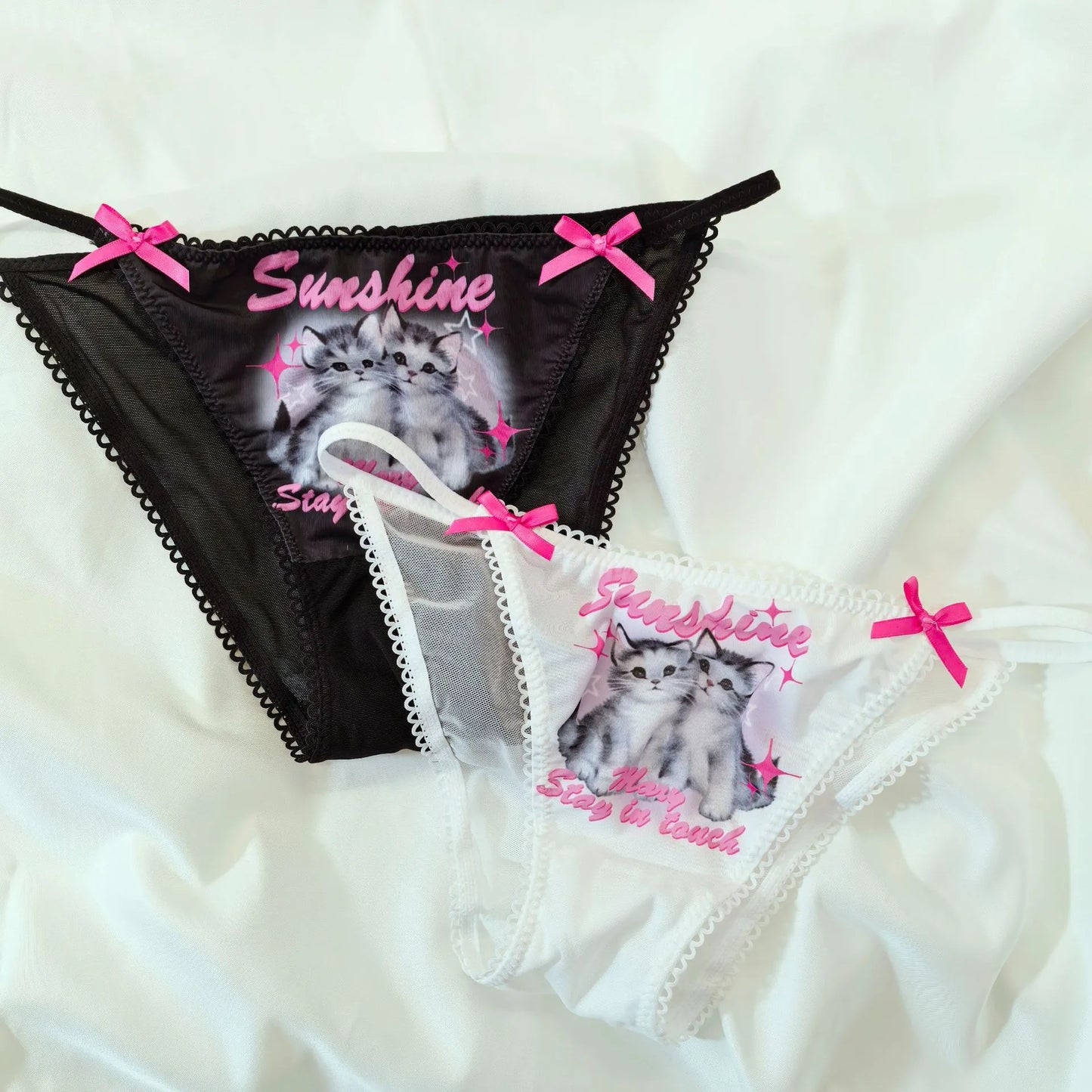Sexy Sheer Mesh Panties - Cute Cat Print Underwear with Cotton Lining (M/L) PPF0236