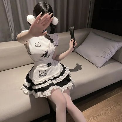 Panda Maid Cosplay Dress - Chinese Qipao Style with Apron & Mini Skirt | Cute Animal Roleplay Costume for Halloween, Anime Conventions  PPF0328