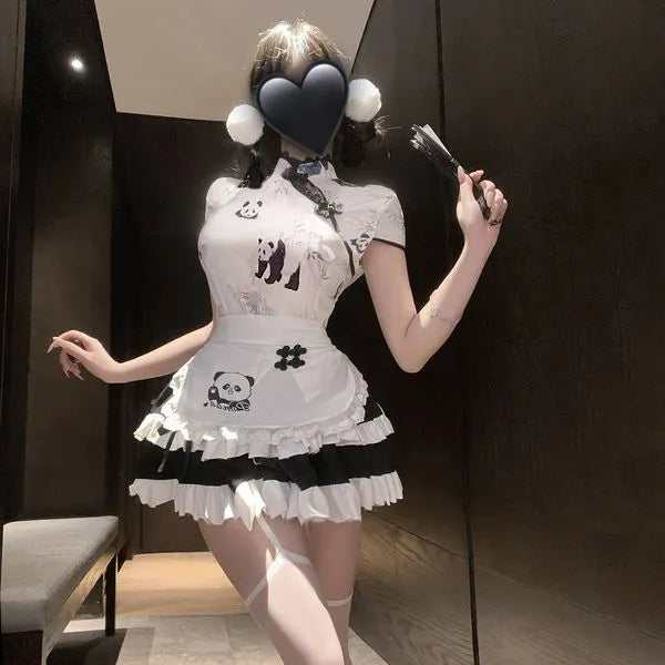 Panda Maid Cosplay Dress - Chinese Qipao Style with Apron & Mini Skirt | Cute Animal Roleplay Costume for Halloween, Anime Conventions  PPF0328
