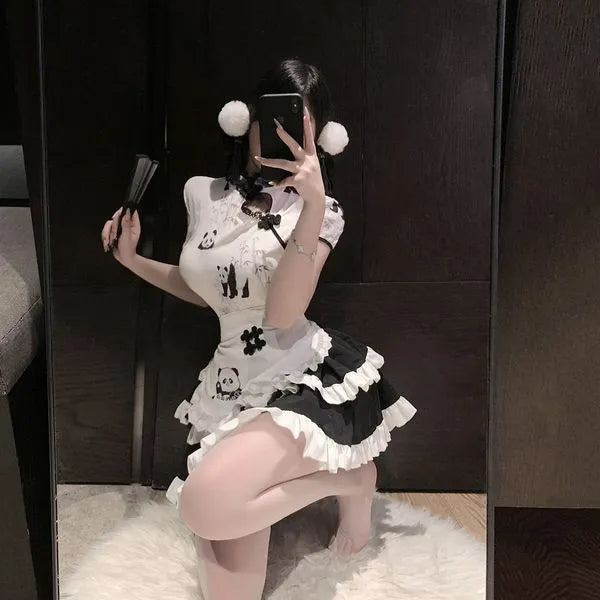 Panda Maid Cosplay Dress - Chinese Qipao Style with Apron & Mini Skirt | Cute Animal Roleplay Costume for Halloween, Anime Conventions  PPF0328