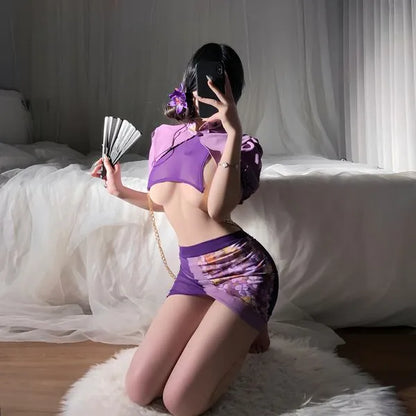 Purple Retro Cheongsam Lingerie Set | Sexy Qipao Corset Top & Sheer Mesh Skirt | Open Cup Bust Chain Detail | Floral Lace Teddy & G-String | Exotic Boudoir Outfit for Women PPF0343