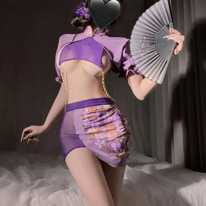 Purple Retro Cheongsam Lingerie Set | Sexy Qipao Corset Top & Sheer Mesh Skirt | Open Cup Bust Chain Detail | Floral Lace Teddy & G-String | Exotic Boudoir Outfit for Women PPF0343