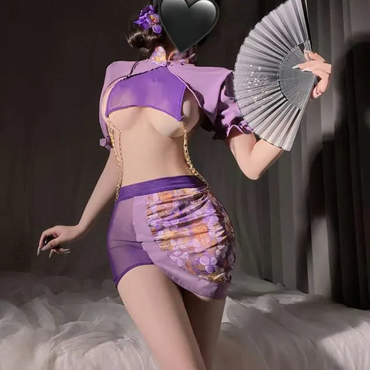 Purple Retro Cheongsam Lingerie Set | Sexy Qipao Corset Top & Sheer Mesh Skirt | Open Cup Bust Chain Detail | Floral Lace Teddy & G-String | Exotic Boudoir Outfit for Women PPF0343