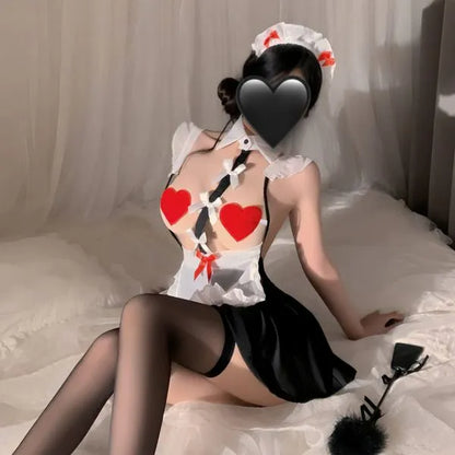 Red Maid Roleplay Costume Set - Lace-Trim Apron Dress & Matching Accessories PPF0355