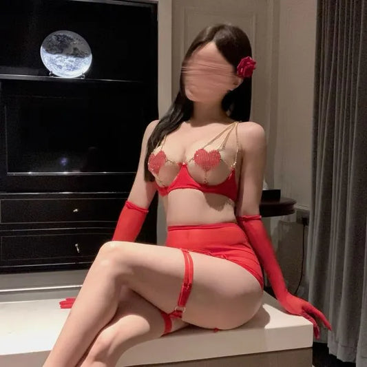 Scarlet Crystal-Heart Lingerie Set - Sheer Mesh Bodysuit with Garter Skirt PPF0348