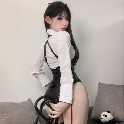 Secretary Chic Two-Piece Set - Adjustable Patent Playsuit + Office Shirt PPF0370