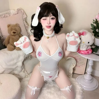 Sexy Catgirl Bodysuit Set - White Feline Lingerie with Ears, Tail & Bell Collar | Kawaii Neko Cosplay Costume for Roleplay, Boudoir & Halloween PPF0331