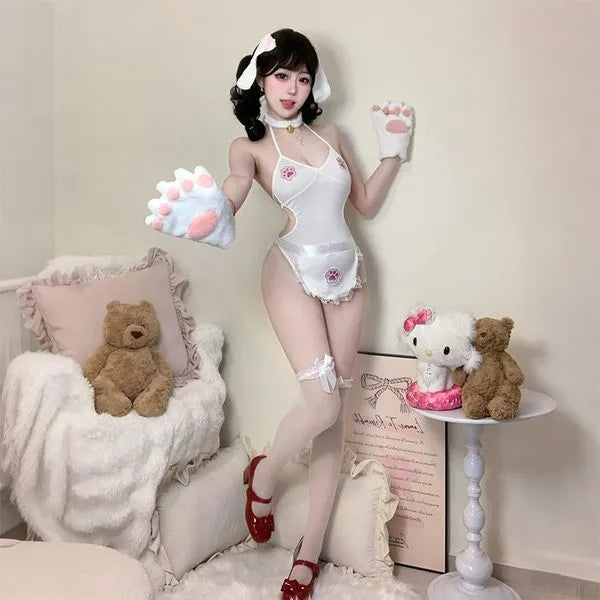 Sexy Catgirl Bodysuit Set - White Feline Lingerie with Ears, Tail & Bell Collar | Kawaii Neko Cosplay Costume for Roleplay, Boudoir & Halloween PPF0331