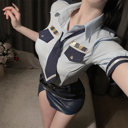 👮♀️ Sexy Cop Costume Set – Navy Blue Shirt + Leather Mini Skirt & Tie | Police Roleplay Outfit PPF0168