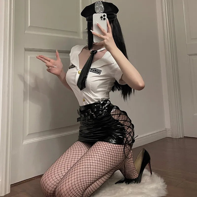 👮♀️ Sexy Cop PVC Leather Set - White Shirt + Bondage Skirt & Tie | Fetish Roleplay Costume PPF0120