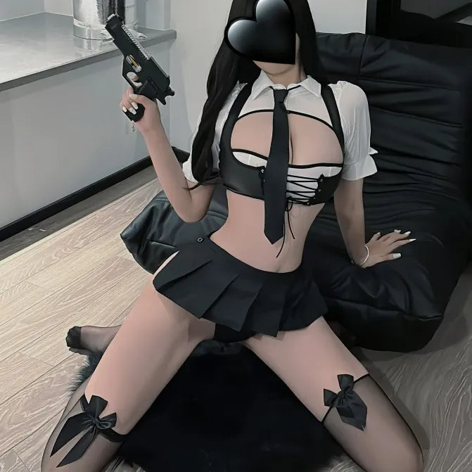 Sexy Police Officer Costume for Women - Roleplay Cop Uniform with Vest, Tie & Mini Skirt
