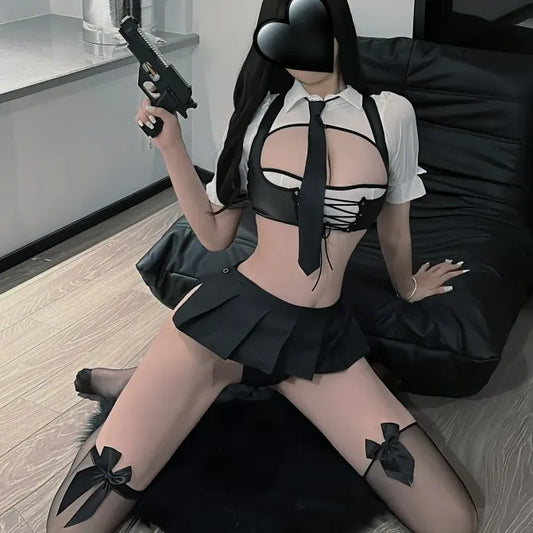Sexy Police Officer Costume for Women - Roleplay Cop Uniform with Vest, Tie & Mini Skirt