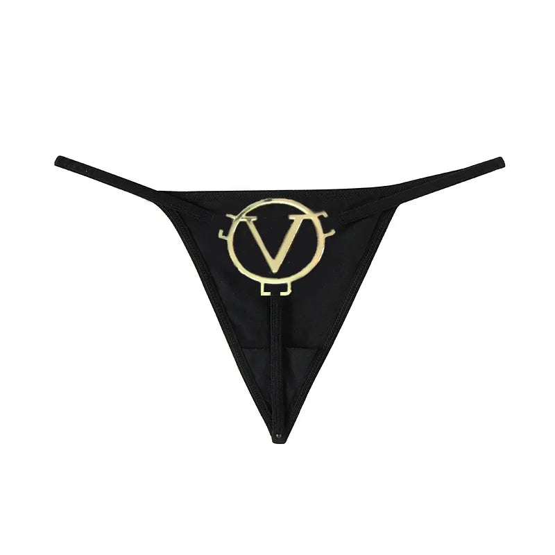 Sexy Black Cotton Thong - Low-Rise Panty with Metallic 'V' Detail PPF0332