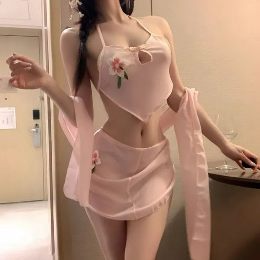 Silk Cheongsam Lounge Set - Floral Embroidered Halter Coord + Sheer Cape (Dusty Pink/Imperial Red) PPF0380