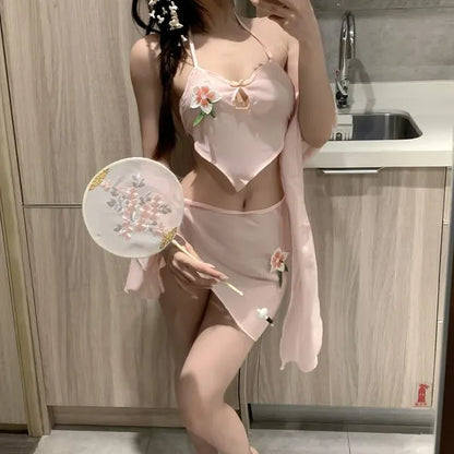 Silk Cheongsam Lounge Set - Floral Embroidered Halter Coord + Sheer Cape (Dusty Pink/Imperial Red) PPF0380